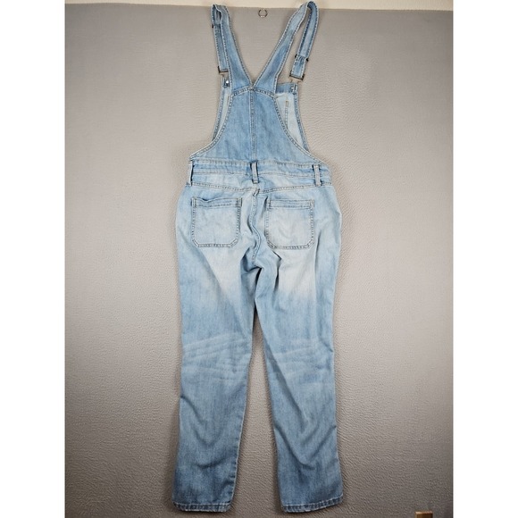 Gap Crop Denim Overalls Size Small Blue Indigo Faded Destressed Stretch - Picture 6 of 8
